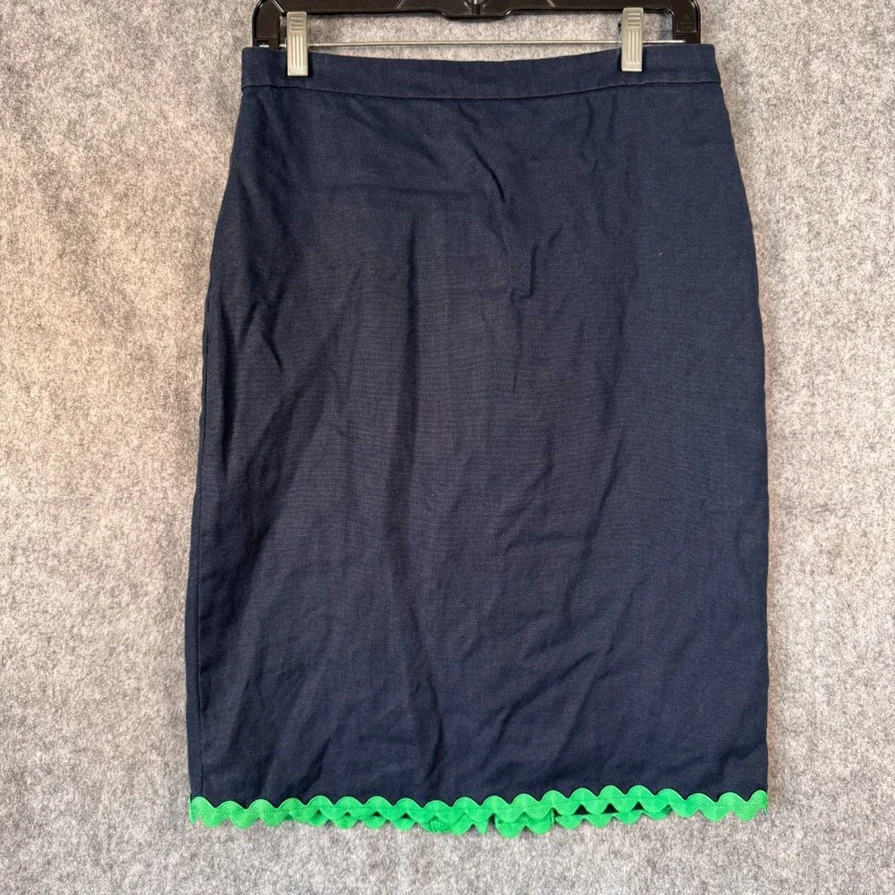 J Crew Linen Pencil Knee Skirt Size 4 Navy Blue Ric-Rac Trim Twee Preppy